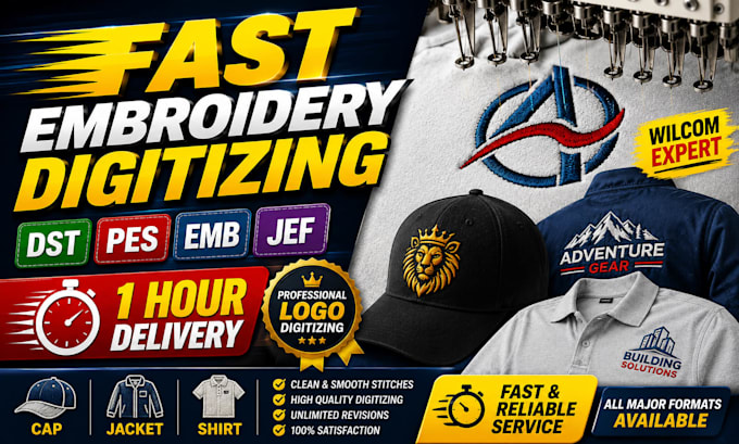 digitize logo into embroidery file dst pes emb jef for cap