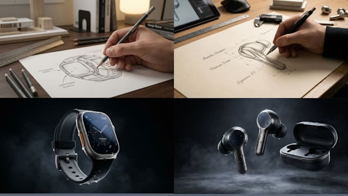 create a minimal , waterproof smart wearable product design concept with cad