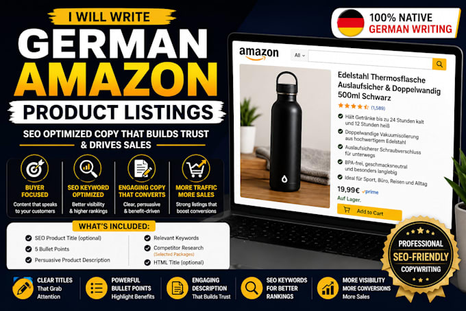 write german amazon product listing, SEO description and bullet points