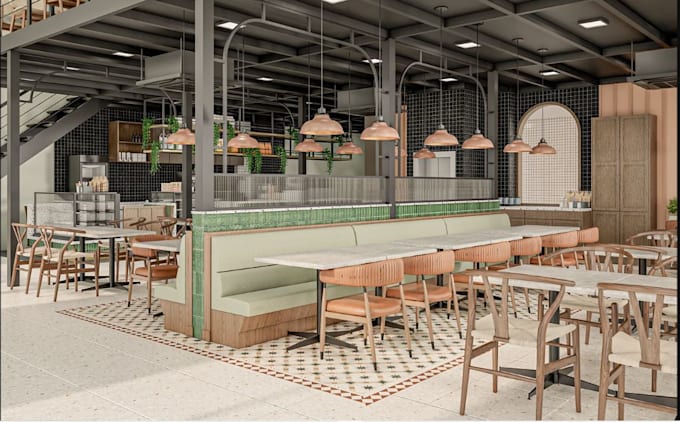 revamp commercial dining interior, industrial restaurant design, cgi cafe render