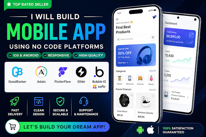 build goodbarber mobile app adalo flutterflow bubble io glide ios andriod app