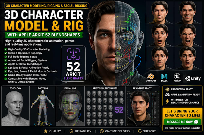 3d rig, character modeling, facial rigging add 52 arkit blendshapes ...