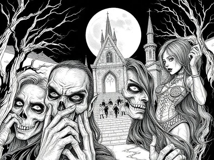 draw horror and gothic line art illustrations