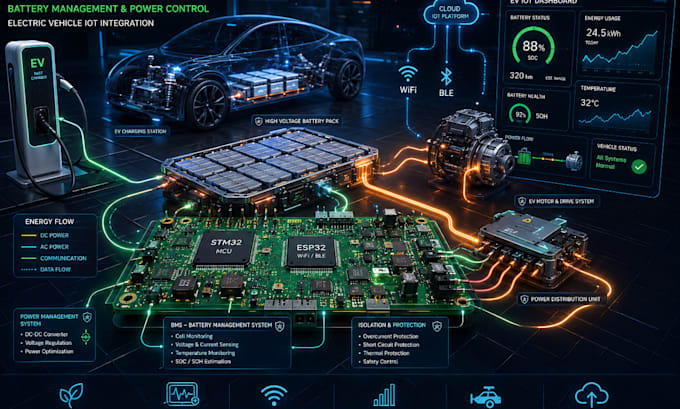 ev electronics, ev iot systems, electric vehicle, ev power, battery systems