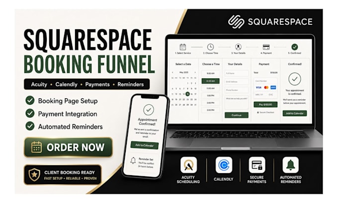 build a squarespace booking funnel with acuity, calendly and payment setup