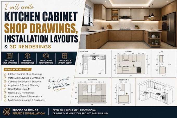 create kitchen cabinet shop drawings, installation layouts and 3d rendering