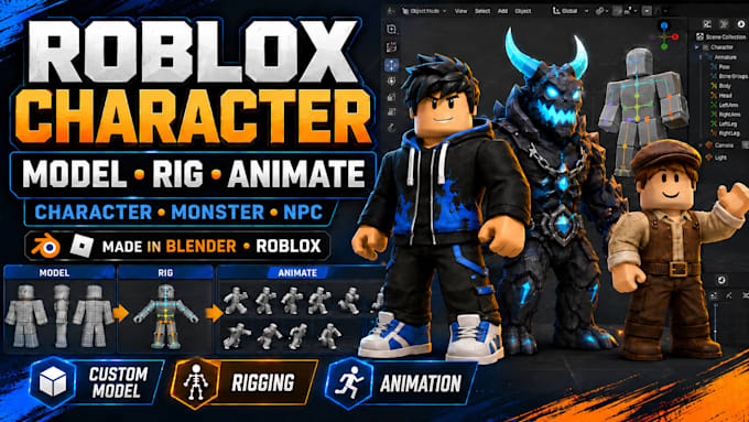model, rig and animate roblox character, monster or npc in blender
