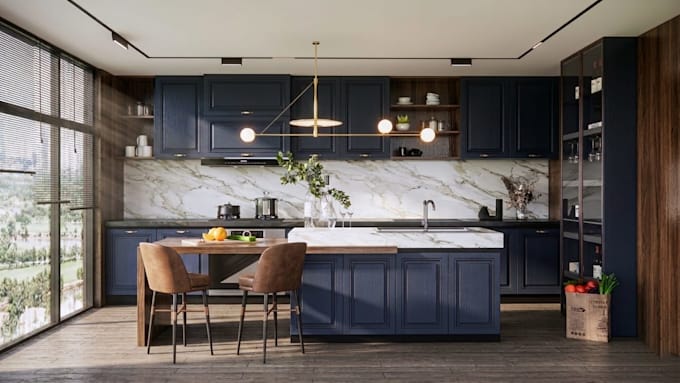 design a functional kitchen layout with photorealistic 3d rendering