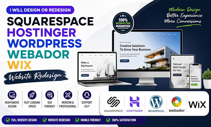 design or redesign squarespace website, hostinger wordpress webador web hosting