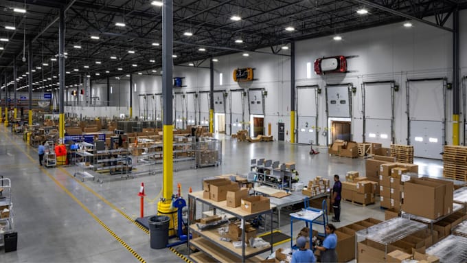 design 3d industrial warehouse, storage center, workflow area, warehouse layout,
