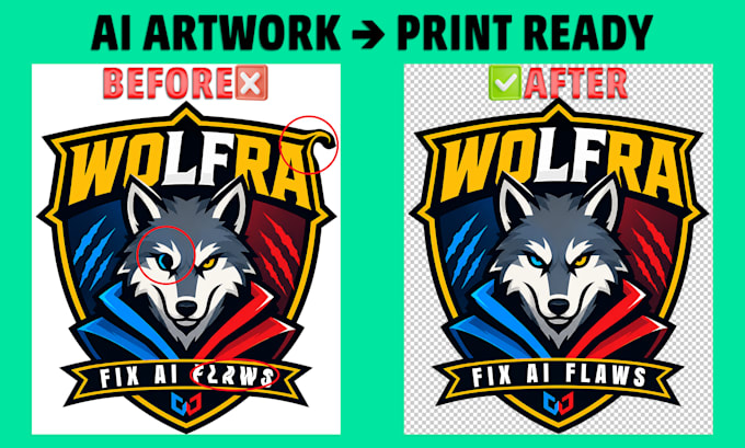 fix ai image flaws, correct text, upscale and print ready ai designs