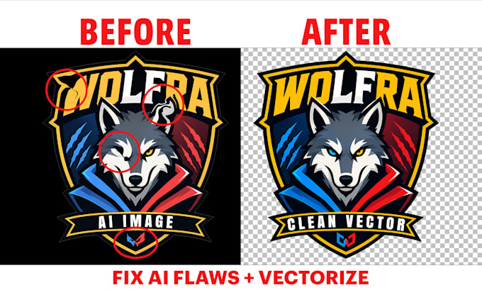 fix ai image flaws, redraw ai artwork and convert to print ready vector