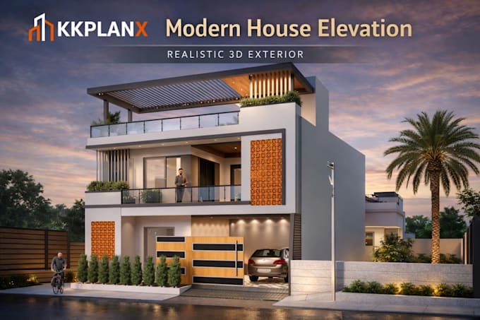 design modern house elevation with realistic 3d exterior