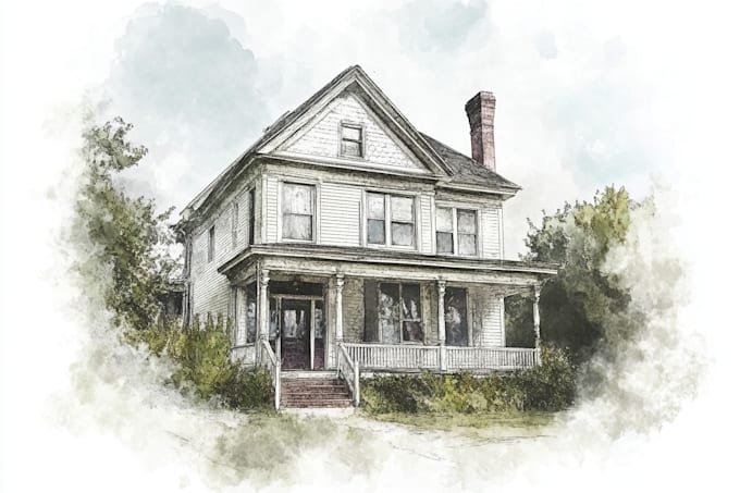custom digital watercolor house, building
