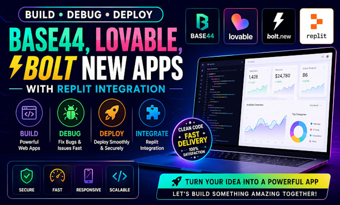 build, debug and deploy base44, lovable, bolt new apps with replit integration