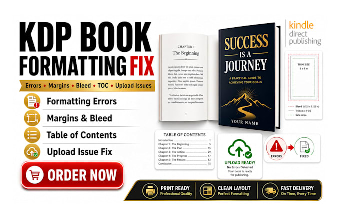 fix KDP book formatting errors, margins, bleed, table of contents upload issues