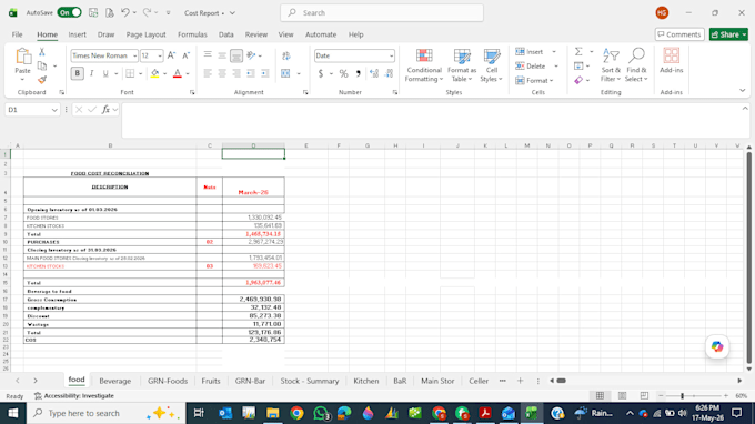 create food costing and inventory sheets in excel