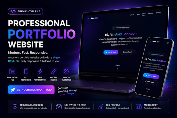 create a single page HTML portfolio website for developers and freelancers