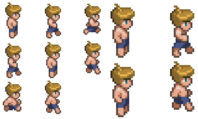 create pixel art animation spritesheet for top down overworld and game character