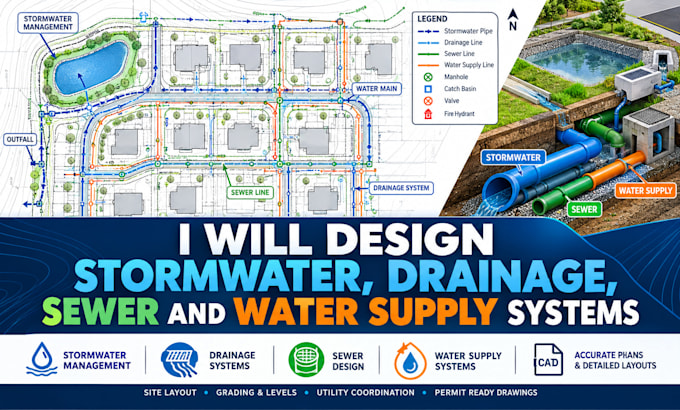 design stormwater, drainage, sewer and water supply systems