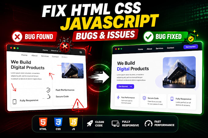 debug and fix HTML CSS javascript website bugs