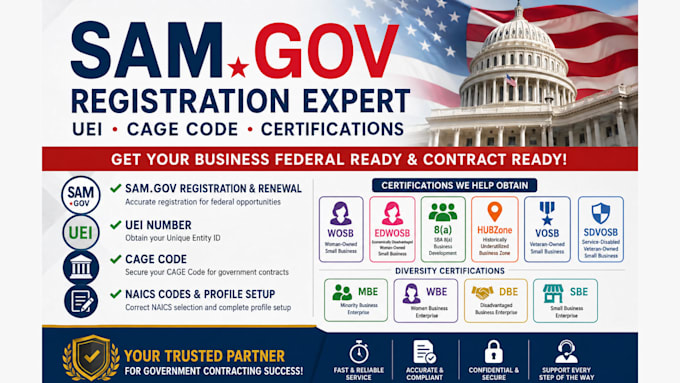 do sam gov registration, wosb, hubzone, dbe mbe certification, uei and cage code