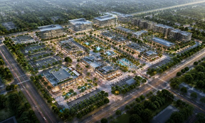 create urban masterplan commercial plaza aerial rendering