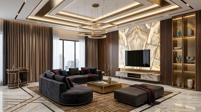 do modern 3d interior design, make rendering for livingroom, bathroom, kitchen
