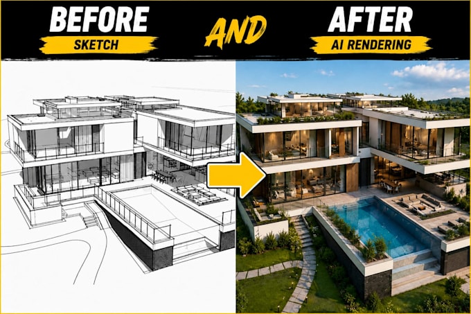 transform your architectural sketch into realistic 3d render