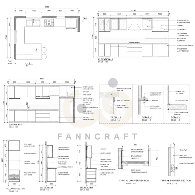 create professional kitchen shop drawings for manufacturing