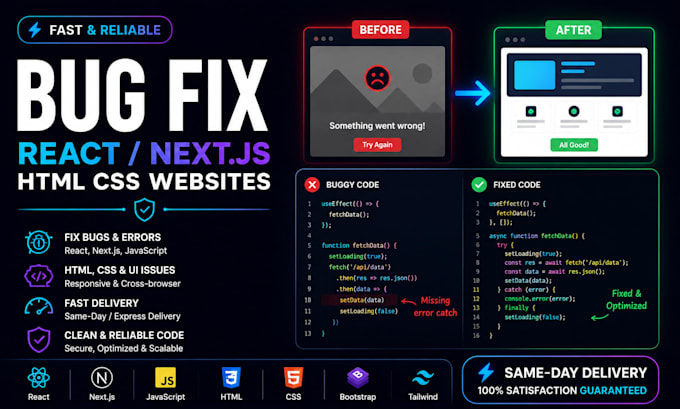 fix bugs and errors in your react, next js or HTML CSS website fast