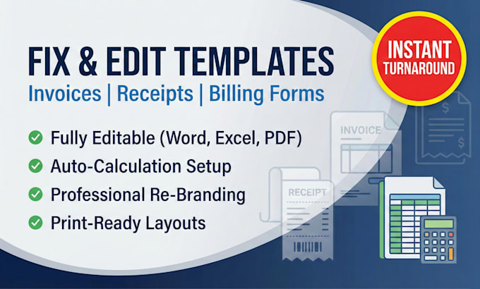 professionally create and editable fillable invoice, receipt, billing templates