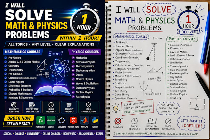 give solutions to all physics and math problems within 1hour