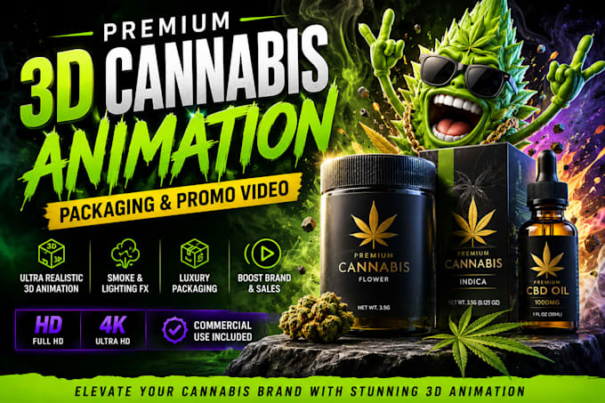 create cinematic 3d packaging animation for cannabis brands