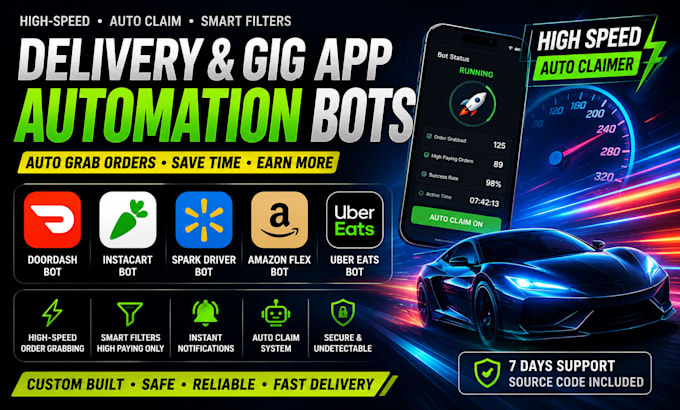 develop doordash bot, instacart bot, spark driver bot, amazon flex bot