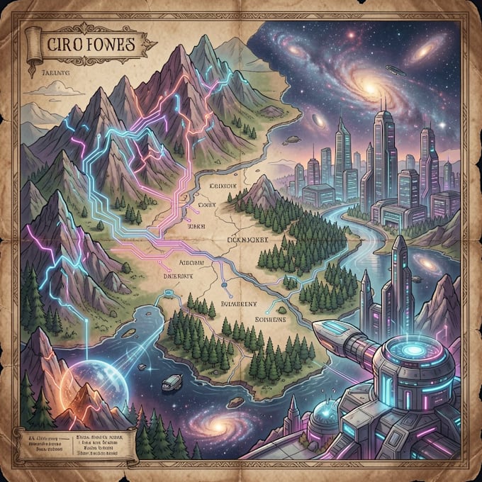 illustrate medieval fantasy and sci fi maps