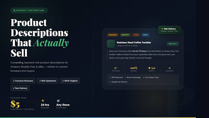 write product description for amazon, shopify, etsy and ebay