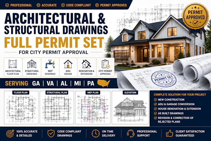 prepare permit set plan structural drawings mep architectural plans for ca wa tx