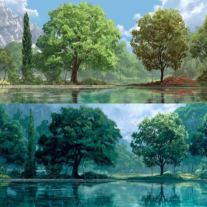 add leaves to trees, add basic landscape, add full