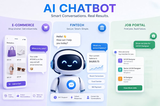develop ai chatbot integration for e commerce app, fintech app, job recruitment