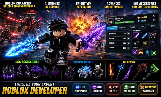 develop roblox game ai lua script gui vfx ugc model weapons