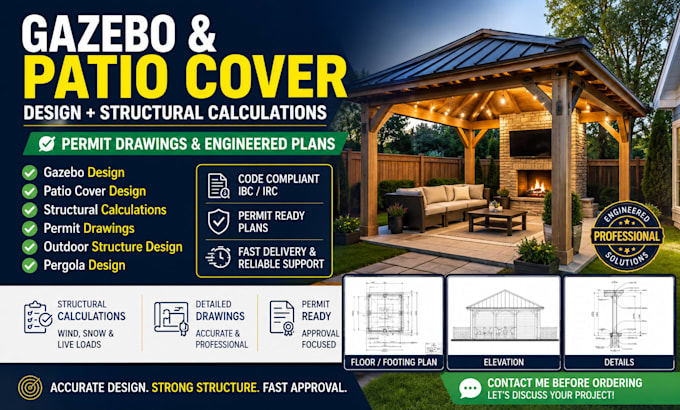 design gazebo, patio cover with structural calculations permit