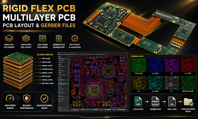 design rigid flex pcb, multilayer pcb, pcb layout and gerber files