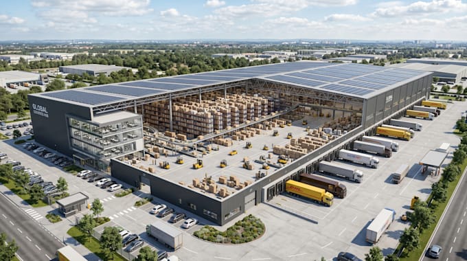 design 3d warehouse factory, industrial space, logistic design, 3d rendering