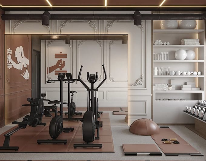 optimize apartment gym space,workout corner, setup gym equipment,interior render