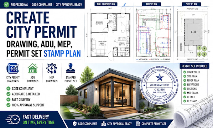 create city permit drawing, adu, mep, permit set and pe stamp plan