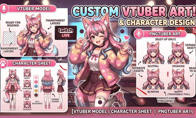 draw a custom vtuber model illustration pngtuber art, anime character ref sheet