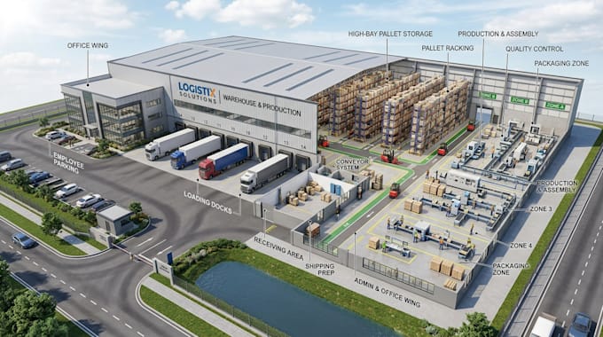 design 3d warehouse and production facilities for planning and presentation