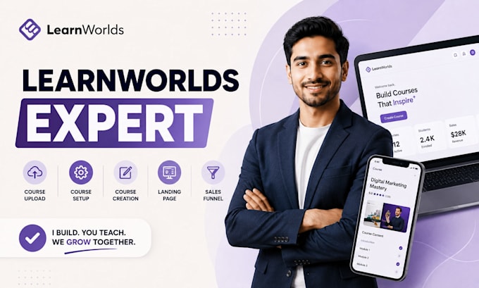 setup a professional learnworlds online course website to sell courses