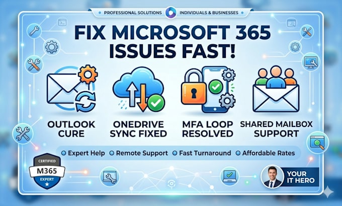 fix microsoft 365 outlook, onedrive sync, mfa, and shared mailbox issues
